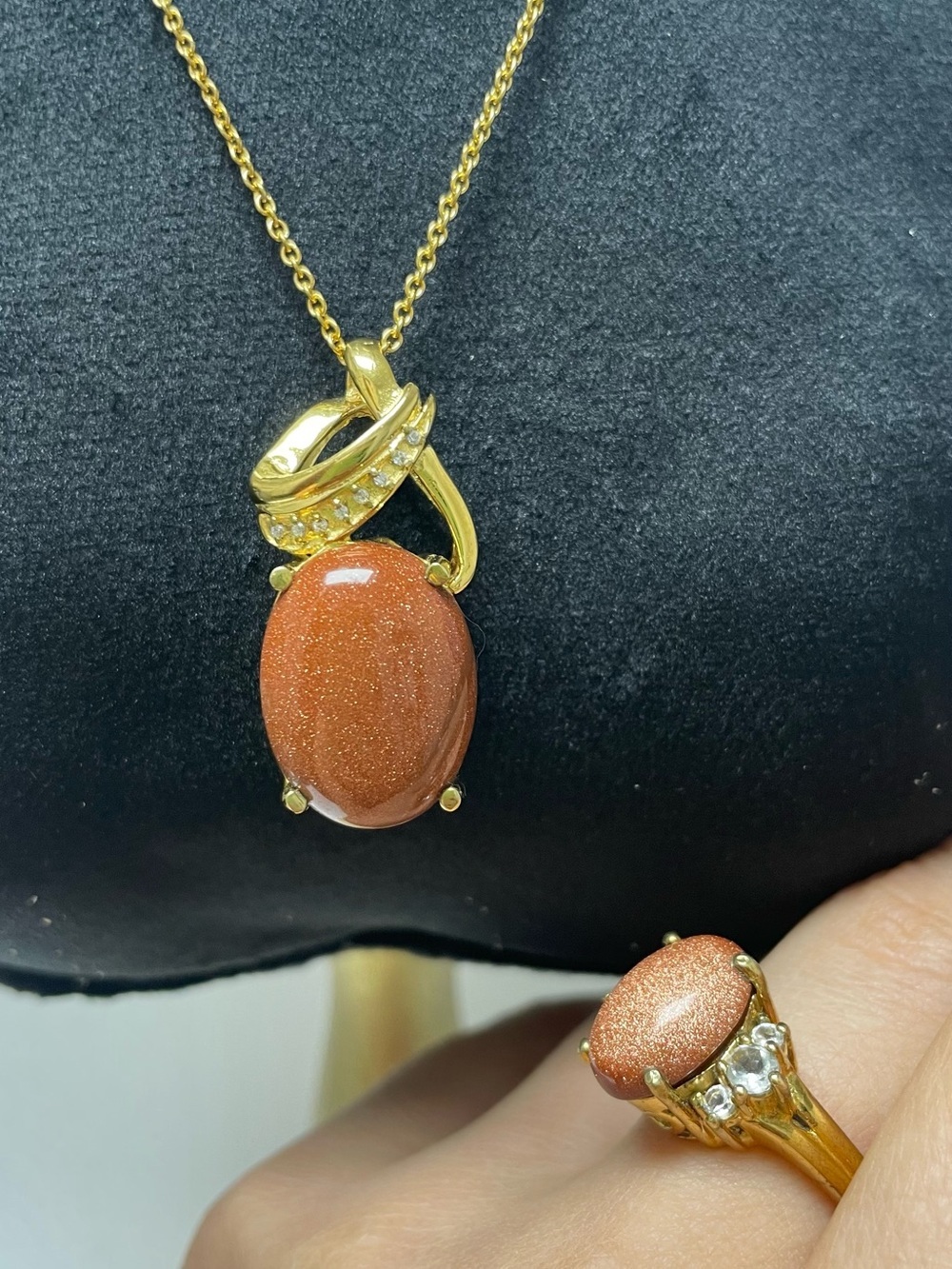 VTG Karis Gold Bonded Iridescent Goldstone Set Necklace & Ring